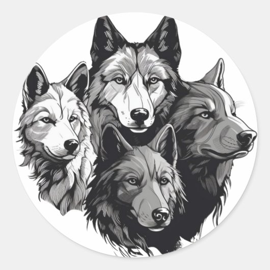 Sticker Rond Wolf Pack Graphisme tribal Loups noirs et blancs (Devant)