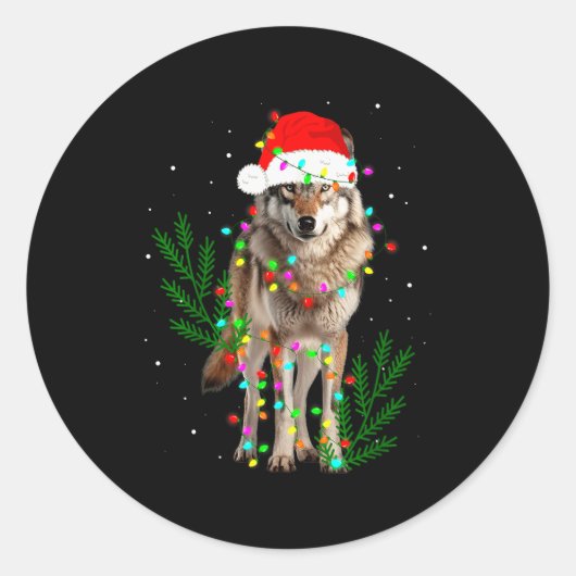 Sticker Rond Wolf Santa Hat Christmas Lights Wolf Lover Animal (Devant)