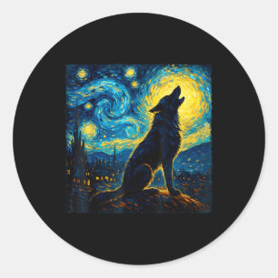 Sticker Rond Wolf Starry Night HowHowling Lune Dons Drôle Pour