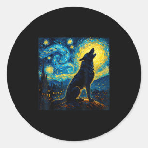 Sticker Rond Wolf Starry Night HowHowling Lune Dons Drôle Pour