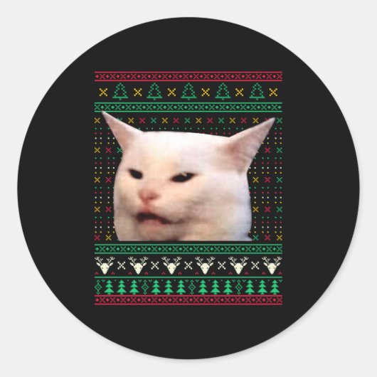 Sticker Rond Woman Yelling At A Cat Ugly X-mas Sweaters Funny M (Devant)