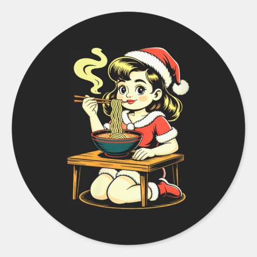 Sticker Rond Womens Anime Ramen Xmas Kawaii Santa Girl Eating J (Devant)