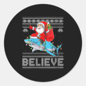 Sticker Rond Womens Santa Riding Shark Ugly Christmas Sweater B (Devant)