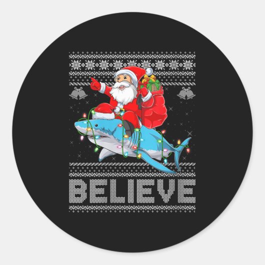 Sticker Rond Womens Santa Riding Shark Ugly Christmas Sweater B (Devant)