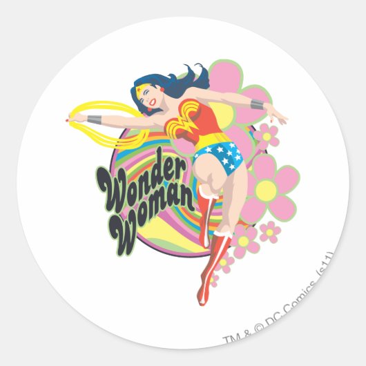 Sticker Rond Wonder Woman Retro Flowers (Devant)