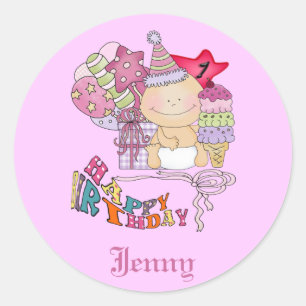 Sticker Rond Wonky Joyeux Anniversaire Fille 1 An