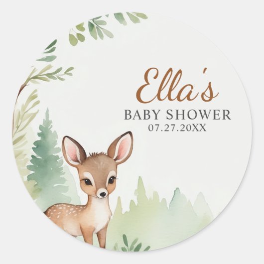 Sticker Rond Woodland Deer Forest Neutral Baby Shower (Devant)
