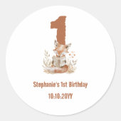 Sticker Rond Woodland Fox Lire un livre 1er anniversaire fête (Devant)