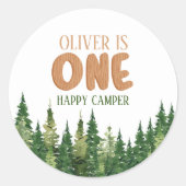 Sticker Rond Woodland Green Rustic Happy Camper First Birthday (Devant)