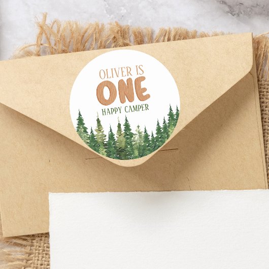 Sticker Rond Woodland Green Rustic Happy Camper First Birthday