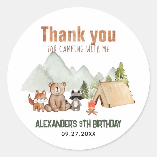 Sticker Rond Woodland Happy Camper Camping Anniversaire Merci (Devant)
