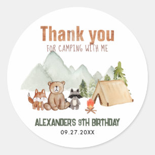Sticker Rond Woodland Happy Camper Camping Anniversaire Merci