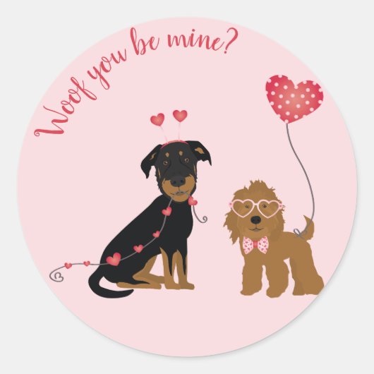 Sticker Rond Woof You Be Mine Valentine Dogs (Devant)