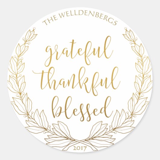 Sticker Rond Wreath Or Grateful Merci bienheureux Monogramme bi (Devant)