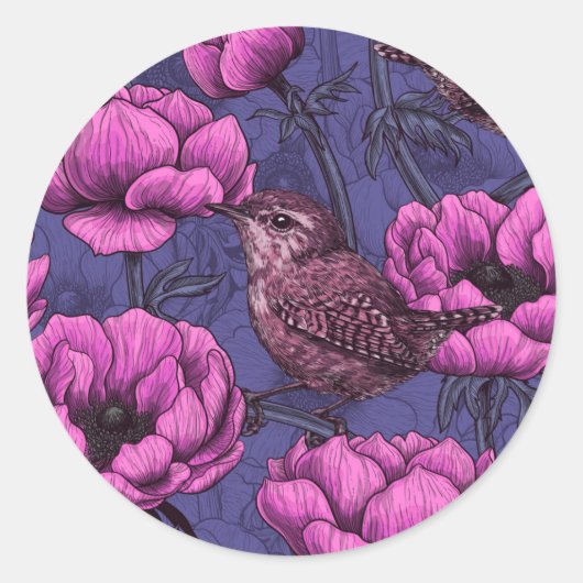 Sticker Rond Wrens dans le jardin de l'anémone (Devant)