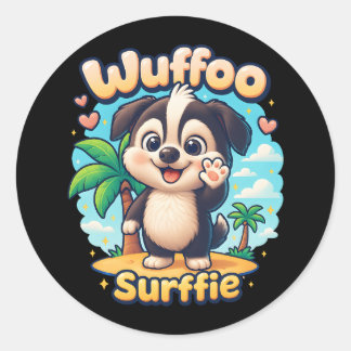 Sticker Rond Wuffoo Surffie Chiot Mignon Kawaii Île Tropicale