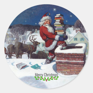 Sticker Rond Wyeth - Père Noël Livrant des livres pour Noël.
