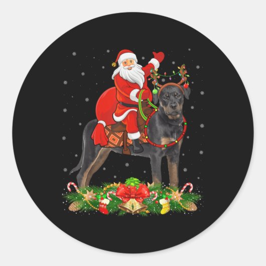 Sticker Rond Xmas Decor Funny Santa Riding Rottweiler Dog Chris (Devant)