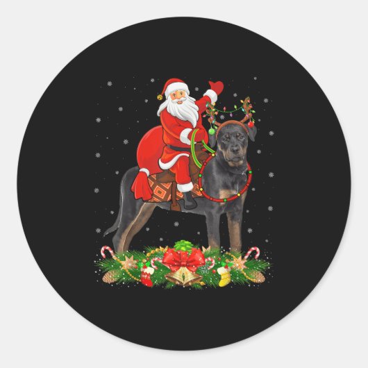Sticker Rond Xmas Decor Funny Santa Riding Rottweiler Dog Chris (Devant)
