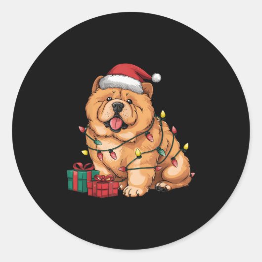 Sticker Rond Xmas Lighting Santa Hat Chow Chow Dog Christmas Fo (Devant)