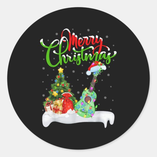 Sticker Rond Xmas Tree Lights Santa Hat Musical Ukulele Guitar  (Devant)