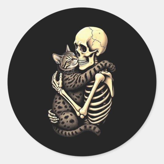 Sticker Rond Y Skeleton Hugging Cat Halloween Lovers Human Pro (Devant)