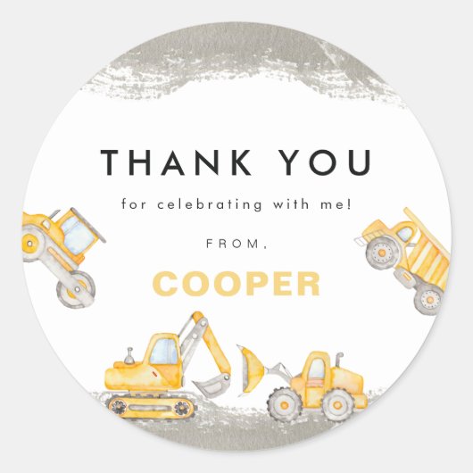 Sticker Rond Yellow Construction Trucks Birthday Thank You (Devant)