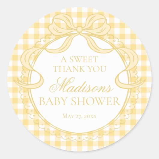 Sticker Rond Yellow Gingham Coquette Bow Baby Shower Favor (Devant)