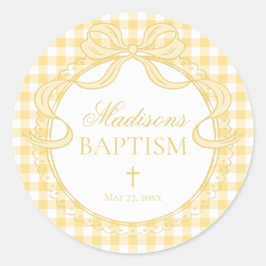 Sticker Rond Yellow Gingham Coquette Bow Baptism Envelope Seal (Devant)