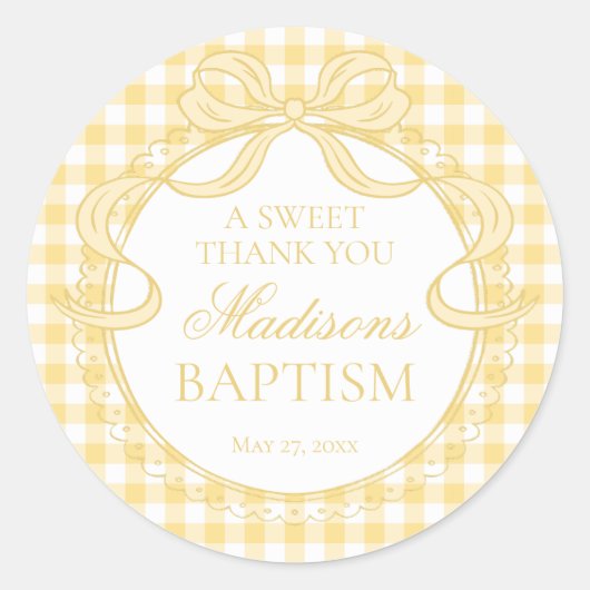 Sticker Rond Yellow Gingham Coquette Bow Baptism Favor (Devant)