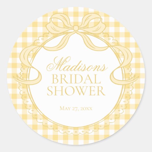 Sticker Rond Yellow Gingham Coquette Bow Bridal Shower Seal (Devant)