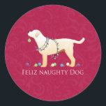 Sticker Rond Yellow Lab Christmas Feliz Naughty Chien<br><div class="desc">Laboratoire jaune et conception de Noël de laboratoire blanc. Cette silhouette de vue latérale peut également représenter : Lab, Yellow Lab, Black Lab, Chocolate Lab, White Lab, Labrador Retriever, Chessy, Chessie, Chesapeake, Chesapeake Bay Retriever, Rhodesian, Ridgeback, Curly Retriever, Curly Coated Retriever, Beauceron, Austrian Pinscher, Akbash, Blue Lacy, Chinook Cur de...</div>