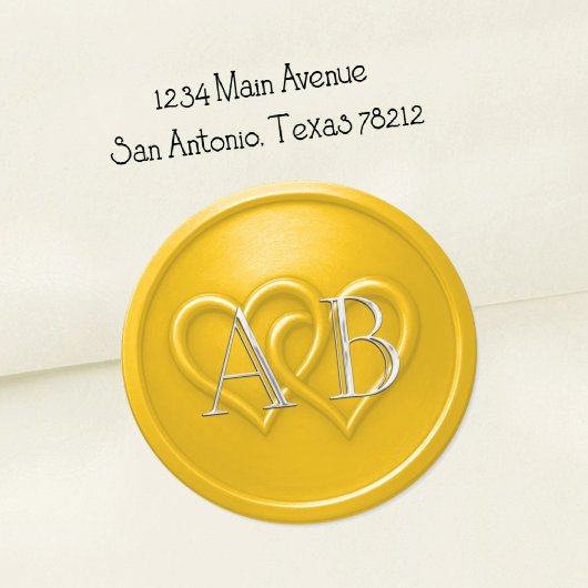 Sticker Rond Yellow Two Hearts Silver Monogram Wedding