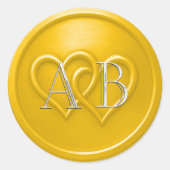 Sticker Rond Yellow Two Hearts Silver Monogram Wedding (Devant)
