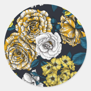 Sticker Rond Yellow, white and bi-color roses with blue leaves