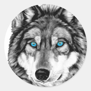 Sticker Rond Yeux bleus peints de gamme de gris de loup
