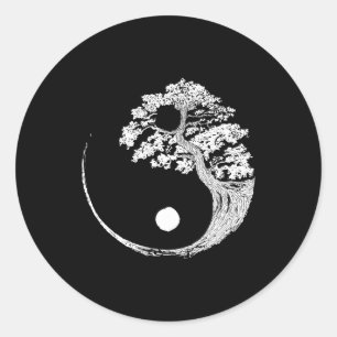 Sticker Rond Yin Yang Bonsai Tree Japonais Bouddhiste Zen