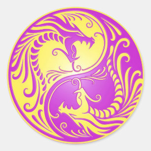 Sticker Rond Yin Yang Dragons, violet et jaune