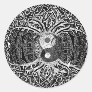 Sticker Rond Yin Yang en noir et blanc avec l'arbre de la vie