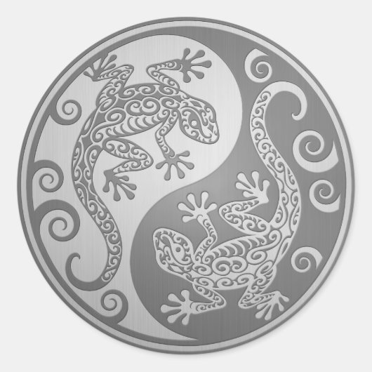 Sticker Rond Yin Yang Geckos, Effet Acier Inoxydable (Devant)