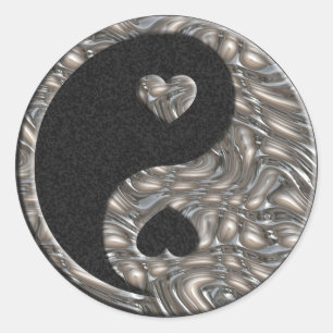Sticker Rond Yin & Yang / Hearts SILVER éclaboussure noire