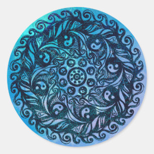 Sticker Rond Yin Yang Mandala Nature Florale Fleur Mandalas