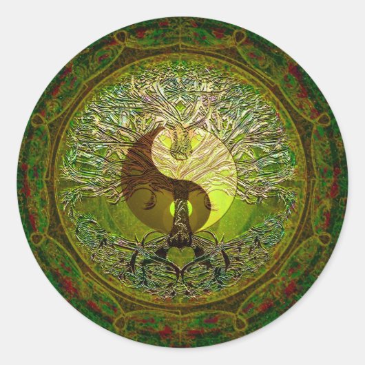 Sticker Rond Yin Yang Mandala vert avec arbre de vie (Devant)