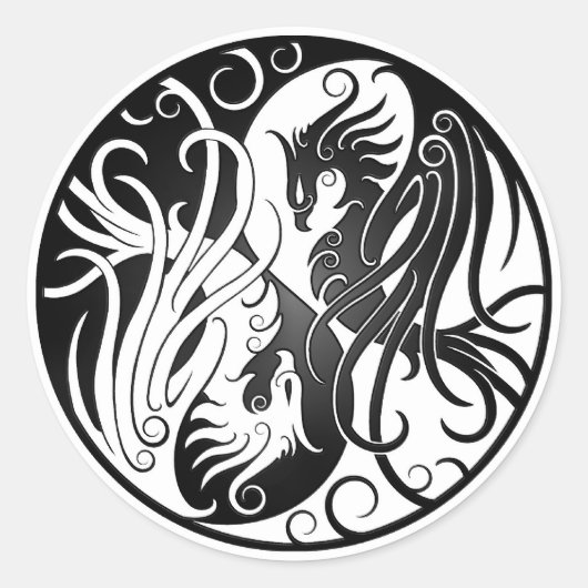 Sticker Rond Yin Yang Phoenix blanc et noir (Devant)