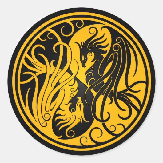 Sticker Rond Yin Yang Phoenix jaune et noir (Devant)