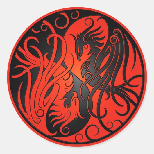 Sticker Rond Yin Yang Phoenix rouge et noir (Devant)