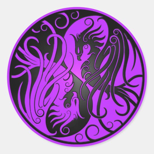 Sticker Rond Yin Yang Phoenix violet et noir (Devant)
