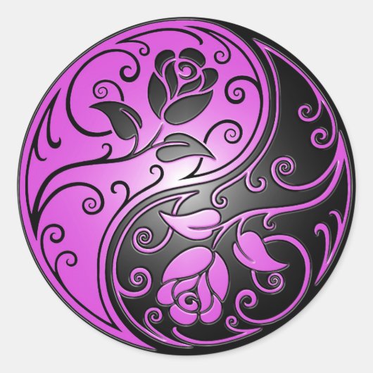 Sticker Rond Yin Yang Roses, violet et noir (Devant)