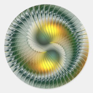 Sticker Rond Yin Yang Vert Jaune Abstrait Fractal Coloré