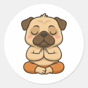 Sticker Rond Yoga de pug mignon méditation relaxation dessin an